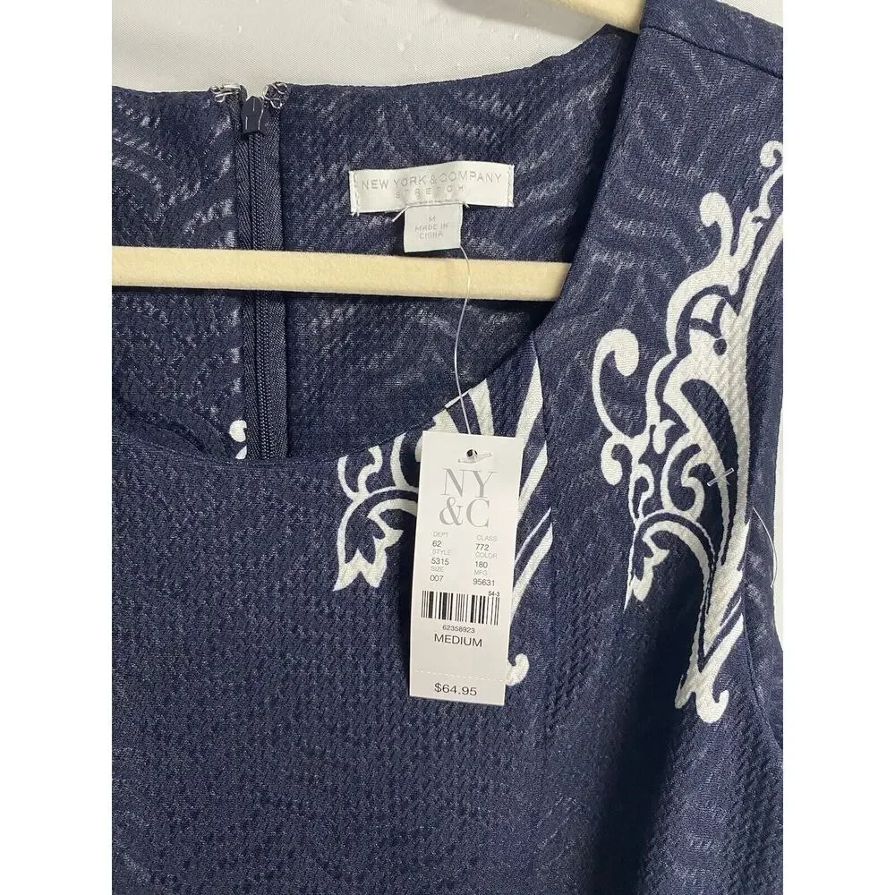 NWT New York & Company‎ Jacquard Floral Pleated Fit & Flare Dress Navy Medium